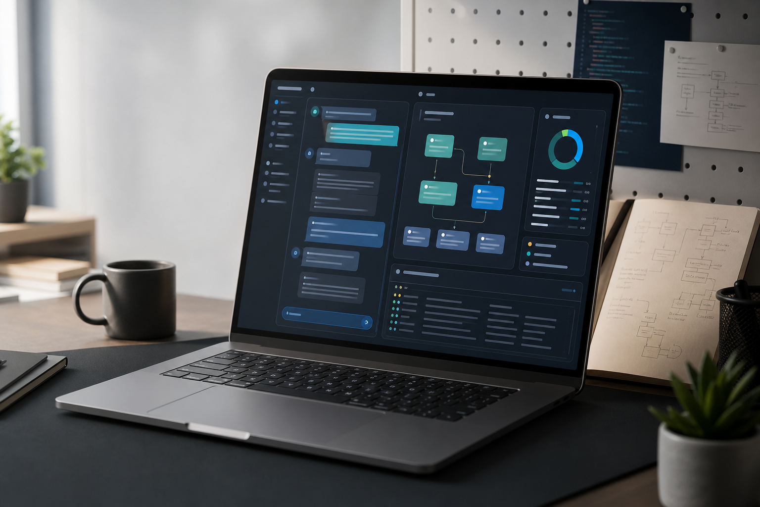 Illustration of a self-hosted AI workspace dashboard with chat, model, and agent panels